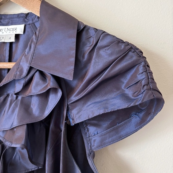 Kay Unger Silk Taffeta Midi Dress 4 Purple Ruffle Button Front - Picture 3 of 9